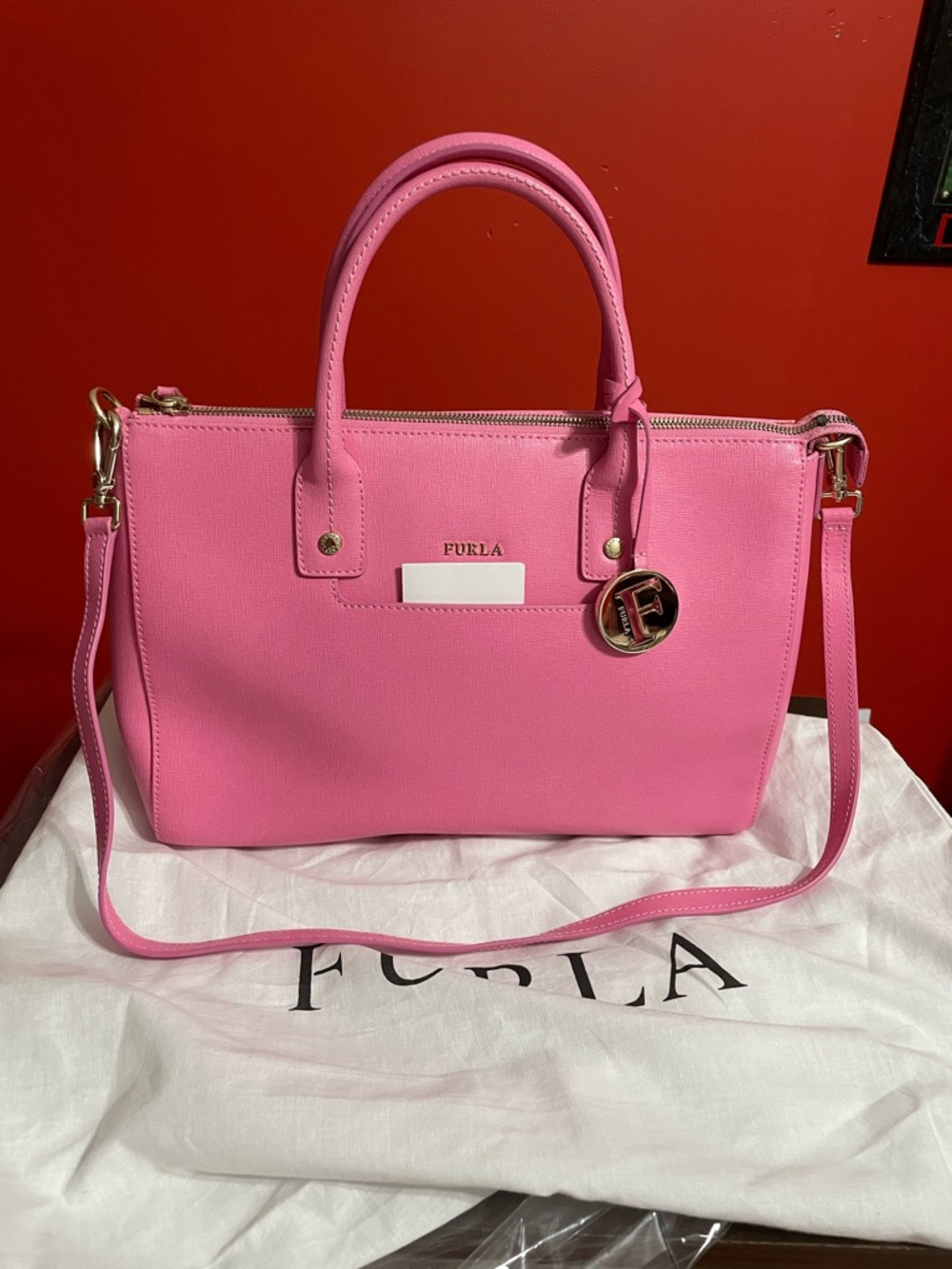 Furla Bright Pink Leather Satchel with Gold Charm
